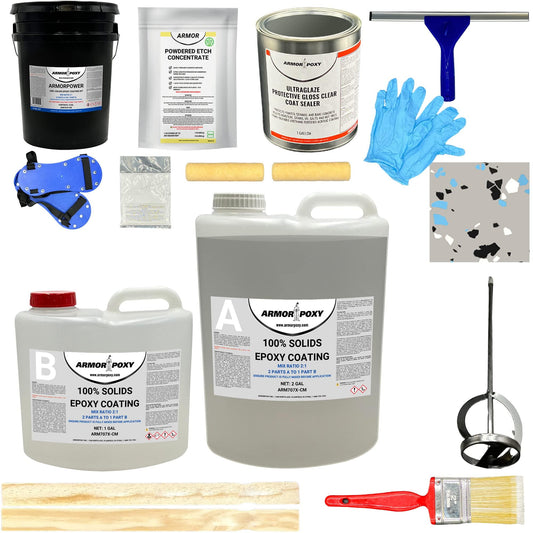 ArmorPoxy Garage Epoxy Floor Kit – Industrial Grade, 2 Part Epoxy Coating for Concrete for Garages, Basements, Workshops, Retail & Automotive Spaces -14 pcs, Covers 600 Sq Ft, Medium Gray